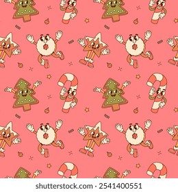 Festive seamless pattern with groovy Christmas cookies, candy canes, and holiday decorations on a pink background, perfect for holiday-themed designs.