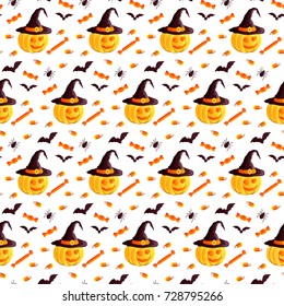 Festive seamless pattern. Halloween characters jack o lantern, witch hat, bat, spider, corn candy. Vector illustration on a white background. Usable for design, packaging, wallpaper, textile, card.