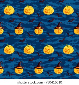 Festive seamless pattern. Halloween characters jack o lantern, witch hat, bat on dark blue grunge background. Vector illustration. Usable for design, packaging, wallpaper, textile.