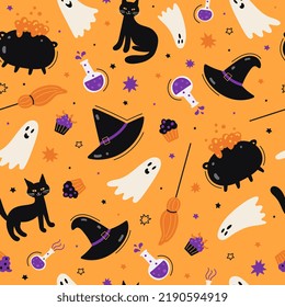 A festive seamless pattern with Halloween elements: a ghost, a cat, a witch's cauldron, a broom, a hat, sweets. Orange background. Vector illustration