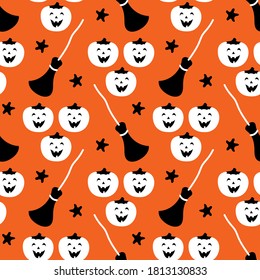 Festive seamless pattern for Halloween. Happy pumpkins with brooms and stars on an orange background. Cute vector illustrations for decorations, cards, banners, wrappings, prints, fabrics, textiles.