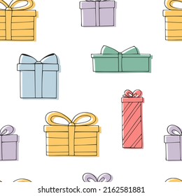 Festive seamless pattern. Hand drawn gift boxes