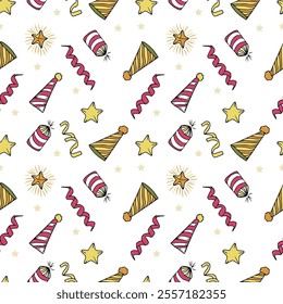 Festive Seamless pattern with hand drawn vector Christmas decor.