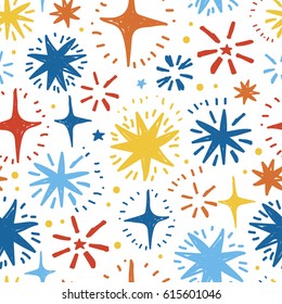 festive seamless pattern with hand drawn holiday lights, colorful sketch stars on white background, vector illustration