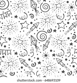 Festive seamless pattern. Hand drawn doodle holidays elements. Black and white background. Vector illustration.