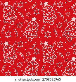 Patrón sin fisuras festivo con árboles de Navidad dibujados a mano y estrellas sobre un fondo rojo brillante. Perfecto para embalaje de vacaciones, papel de embalaje, textiles, invitaciones y decoración de temporada.