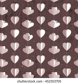 Festive seamless pattern with hanging hearts and flowers cut from paper.  Endless texture for your design, wedding greeting cards, announcements, posters.