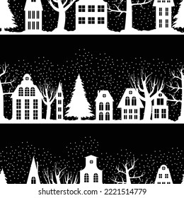 Festliches nahtloses Muster. Frohe Feiertage! Modernes Weihnachtsdesign mit Schnee, Bäumen, Weihnachtsbaum und Häusern. Auf schwarzem Hintergrund. Vektorgrafik.