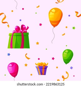 Festive seamless pattern with helium balloons, gifts and confetti on pink background. Birthday greetings, baby shower, grand opening festive concept. Vector illustration in cartoon style.