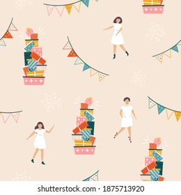 Feierliche nahtlose Muster mit Feriengärten, Geschenkbox und tanzenden schönen Frauen. Farbiges Design für Geschenkbox, Tapeten, Dekorationen