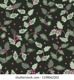 Festive seamless pattern in holly branches and berries. Liberty order. Holiday floral christmas background for wallpapers, textile, wrapping paper.