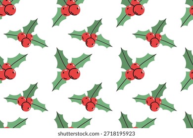 Patrón festivo sin fisuras con acebo. Hojas verdes vibrantes y bayas rojas en un estilo plano.