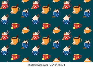 Festive seamless pattern with hot winter drinks. Design for packaging, cards, fabric. Vector illustration