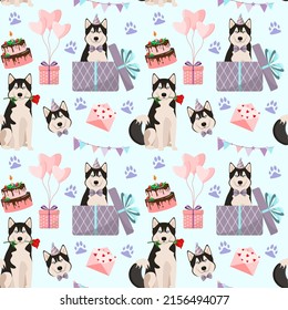 Festive seamless pattern with husky dogs. Cartoon design.
