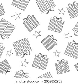 Patrón festivo sin fisuras. Cajas de regalo de arte en línea y estrellas de fondo blanco. Estilo Doodle. Cumpleaños, Navidad, antecedentes de Año Nuevo 