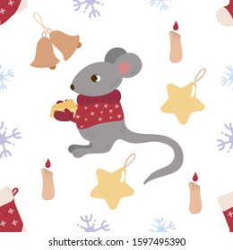 Festive Seamless Pattern. Little mouse, bells, stars and Christmas socks.Festive decor