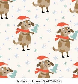 Festive seamless pattern with lovely dog wearing Santa hat and little Christmas tree. Perfect for holiday Xmas wrapping paper and textiles