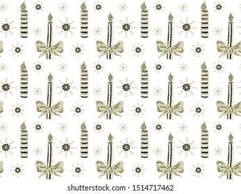 Festive seamless pattern made of hand drawn burning candles and snowflakes on a white background.  Scandinavian style. Vector.
