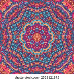 Festive seamless pattern mandala. Ethnic geometric mandala doodle print. Colorful repeating background mexican mandala patternbright colors texture art