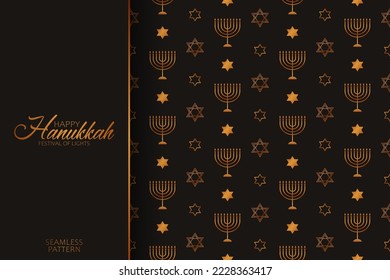 Festive seamless pattern with many golden candlesticks and stars of David on the black background for Hanukkah Jewish holiday. Luxury design for banner, wallpaper, card or poster.