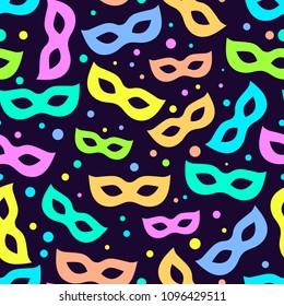 Festive seamless pattern with masks and confetti. masquerade, carnival. Vector illustration.