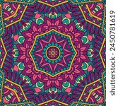 Festive seamless pattern with medallion mandala Boho indian ornamental. Abstract psychedelic ethnic african tribal colorful banner seamless vector folk art motif