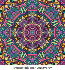Festive seamless pattern with medallion mandala Boho style ornamental. Abstract psychedelic colorful seamless flower design