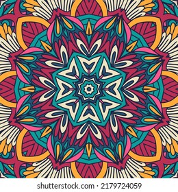 Festliche nahtlose Muster mit Medallion mandala Boho Stil dekoriert. Abstraktes, psychedelisches, bunter Banner, nahtloses ethnisches Stammesdesign