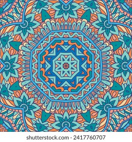 Festive seamless pattern with medallion mandala Boho style ornamental. Abstract psychedelic orange and blue seamless ethnic tribal design wqith flowers and geometry