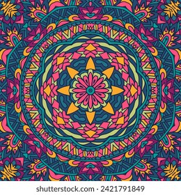 Festive seamless pattern with medallion mandala Boho style ornamental. Abstract psychedelic colorful banner seamless ethnic tribal design