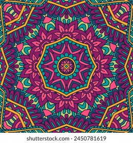 Festive seamless pattern with medallion mandala Boho indian ornamental. Abstract psychedelic ethnic african tribal colorful banner seamless vector folk art motif