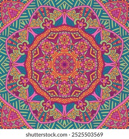 Festive seamless pattern with medallion mandala. Vivid colors ornamentals. Abstract psychedelic colorful banner seamless ethnic tribal design