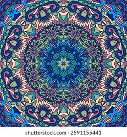 Festive seamless pattern with medallion mandala blue boho ornamental. Abstract psychedelic  seamless ethnic tribal design