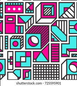 Festive Seamless Pattern in Memphis Pop Art Style Colorful Decorative Wallpaper with Simple Bold Block, geometric shapes