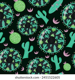 festive seamless pattern for Mexican Cinco de Mayo holiday, namely black sombrero decorated with different cacti on dark background, for poster, packaging or textile