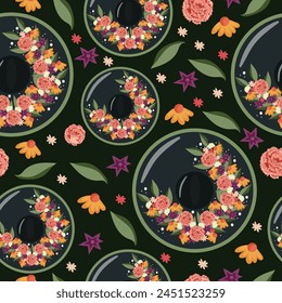 festive seamless pattern for Mexican Cinco de Mayo holiday, namely black sombrero decorated with various flowers and green leaves on dark background, for poster, packaging or textile