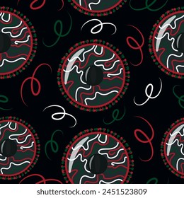 festive seamless pattern for the Mexican Cinco de Mayo holiday, namely a black sombrero decorated with different stripes of red, white and green on a dark background, for poster, packaging or textile