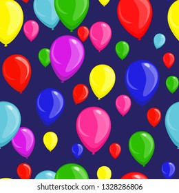 Festive seamless pattern with multicolored balloons on a dark blue background for wrapping paper.