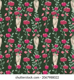 Festive seamless pattern in a naive style. Gift in the form of a bouquet of pink flowers, roses in a popular paper wrapping with a bow. Dark green square background. Vector square illustration. Eps10.