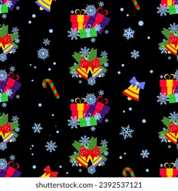 Festive seamless pattern on a black background with elements of Christmas and New Year decorations, bells, gifts, snowflakes. Design for clothes, cards, textiles, fabrics, wallpapers, wrapping