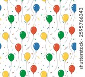 Festive seamless Pattern with party Balloons of different colors, stars, serpentine, confetti. Colorful Background for Kids. Illustration for baby shower. Birthday vector for textile, cards, wrapping