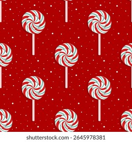 Festive seamless pattern with peppermint swirl candies on red background and snow dots. Perfect for Christmas wrapping, fabric, and holiday decor.