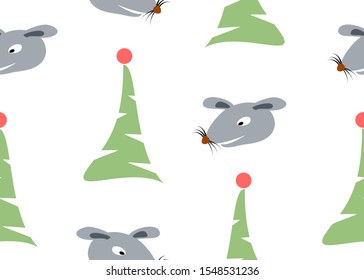 Festive seamless pattern with rat and Christmas tree on a light background for the New Year. EPS10 vector illustration. 