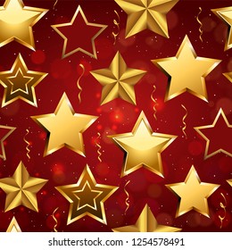 Festive Seamless pattern of realistic golden 3D stars and confetti isolated on red background. Glossy Christmas star icon. Design elements for holidays. Vector illustration EPS 10 file