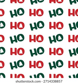 Festive seamless pattern with red and green “Ho-ho-ho” and a Christmas tree