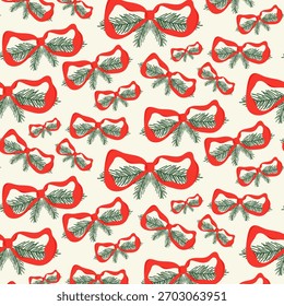 A festive seamless pattern with red ribbon bows and fir branches for holiday decorations, winter, New Year, and Christmas. Vector.