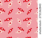 Festive seamless pattern with red and white wrapped candies decorated with hearts. Sweet romantic background for Valentine