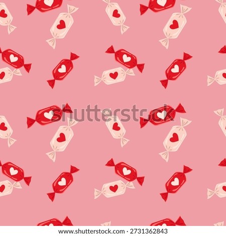 Festive seamless pattern with red and white wrapped candies decorated with hearts. Sweet romantic background for Valentine's Day celebration, food packaging, wrapping paper, and cards.