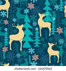 Festive seamless pattern with reindeer and Christmas tree