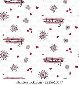 Festive seamless pattern of Republic of Latvia watercolor flag with hearts and fireworks on light grey stars pattern and white background. Independence Day in Latvia. 18 November.